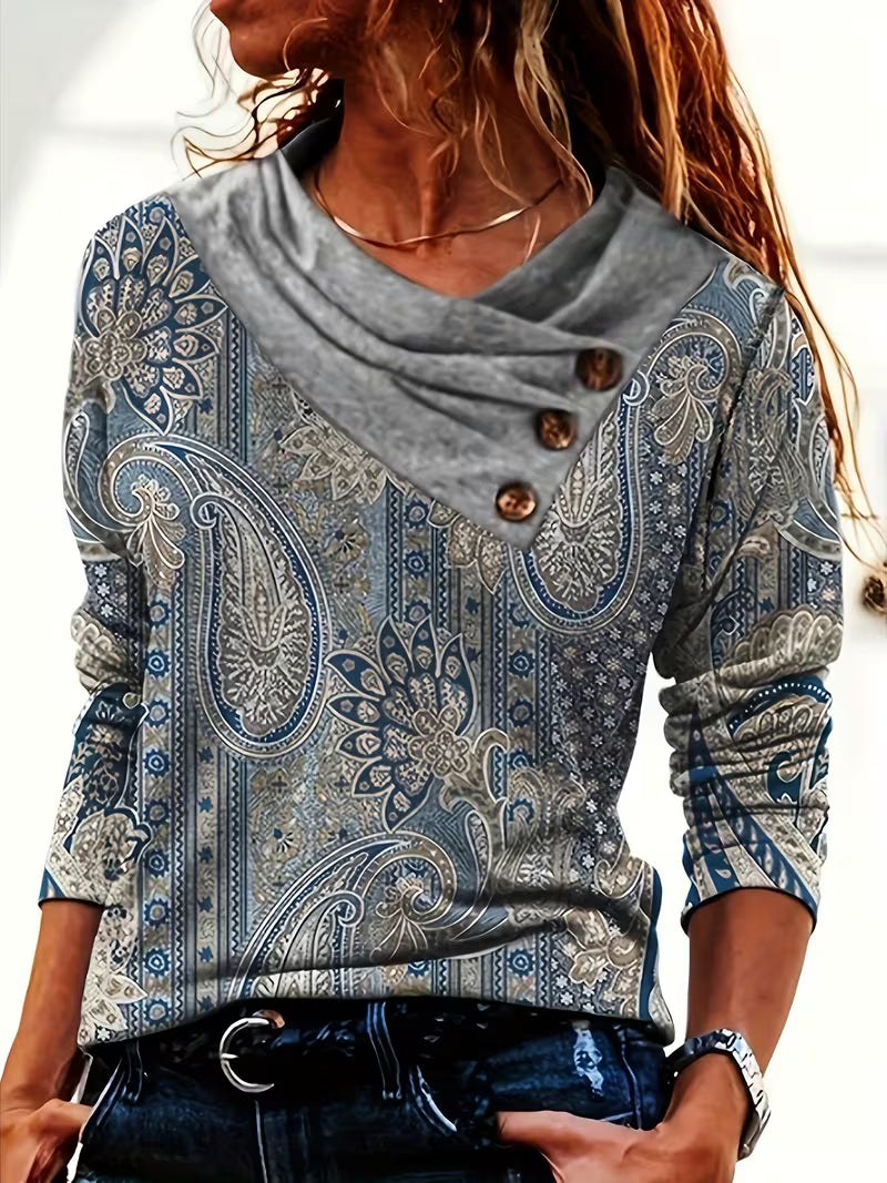 Marije - Haut femme imprimé paisley avec col drapé boutonné