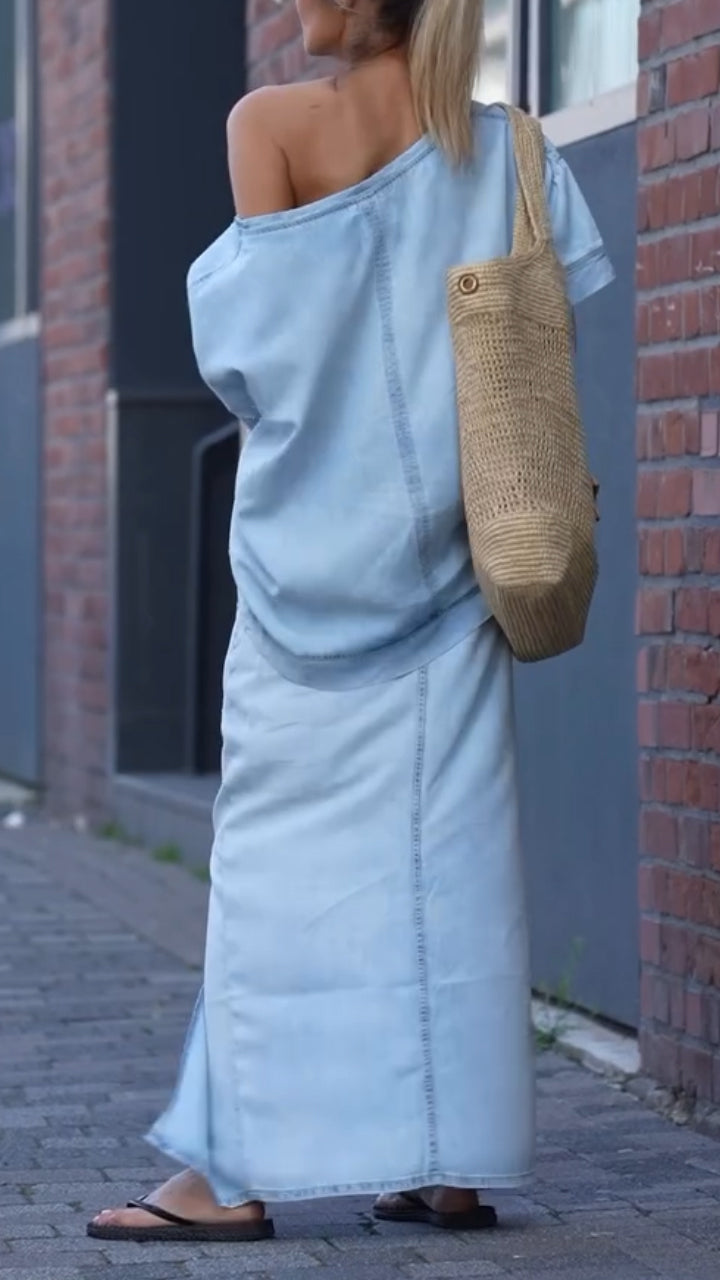 Mireya™ - Ensemble Décontracté Femme en Denim Tencel avec Décolleté Rond