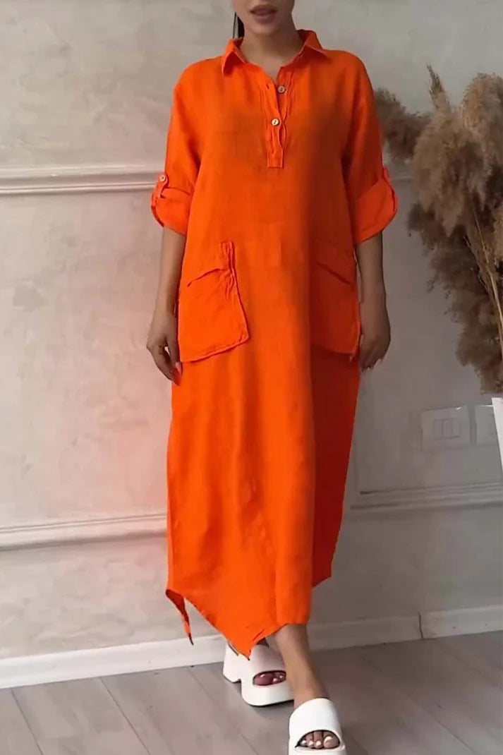 Leontine™ - Robe maxi femme en lin et coton avec revers