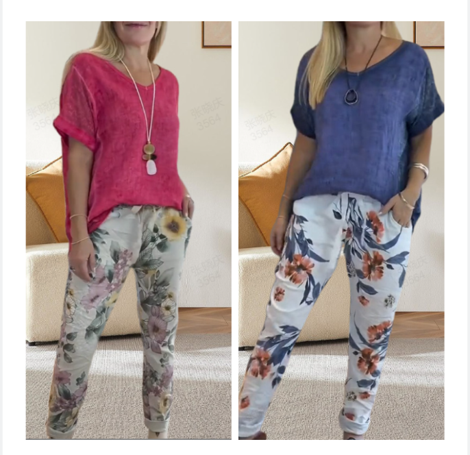 Evangeline™ - Ensemble 2 Pièces Femme – Blouse Unie et Pantalon Décontracté à Imprimé Floral