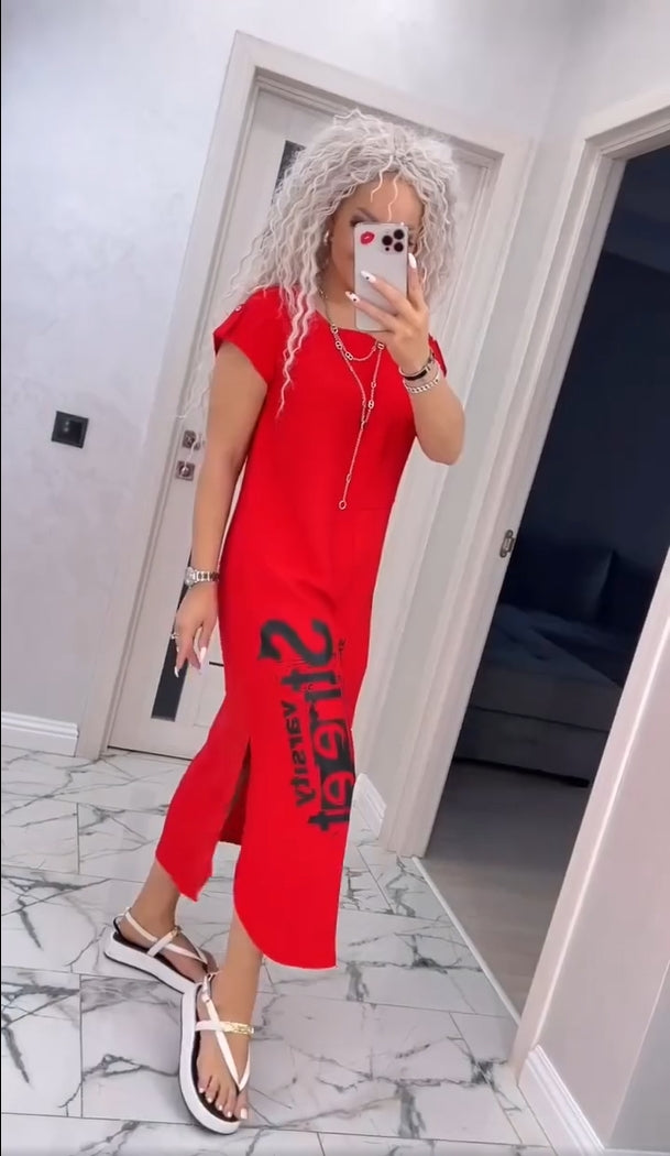 Delara™ - Robe à imprimé lettres avec col rond et fente au niveau des poches