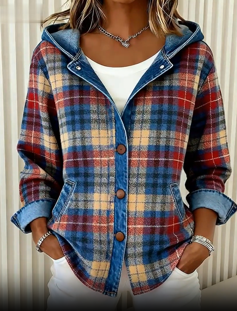 Nadrina™ - Veste en Jean à Capuche et Motif à Carreaux Contrastés