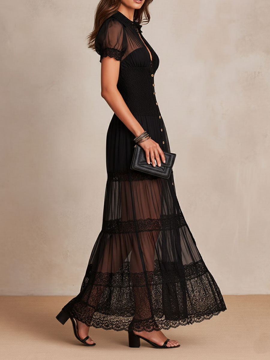 Yselia - Robe maxi femme noire avec dentelle et boutons
