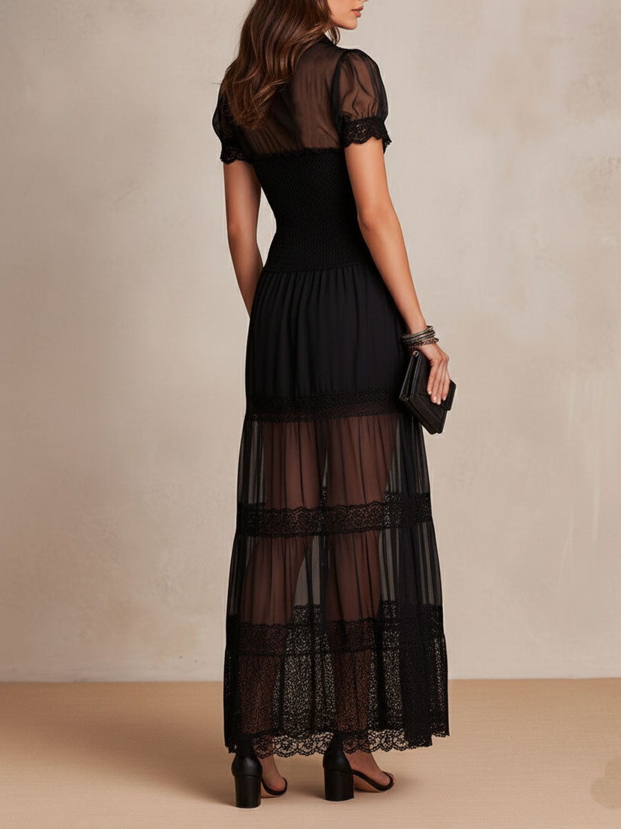Yselia - Robe maxi femme noire avec dentelle et boutons