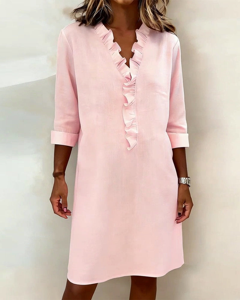 Ophivyn™ - Robe femme col V à volants coupe droite style décontracté