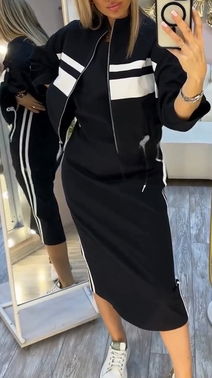 Pravella™ - Ensemble femme casual-chic avec robe midi à col rond et veste zippée
