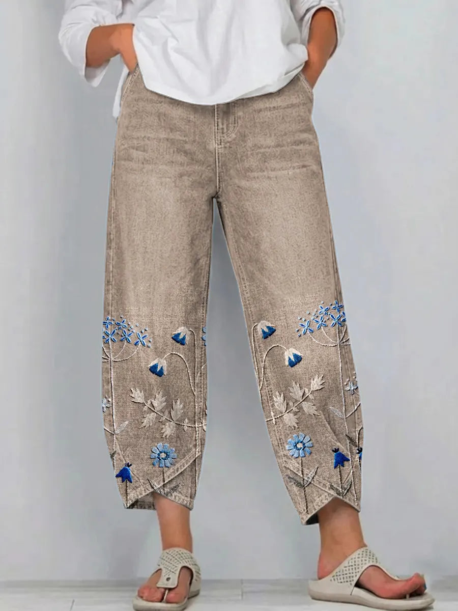 Fiorixa™ - Pantalon femme denim broderie florale coupe droite casual