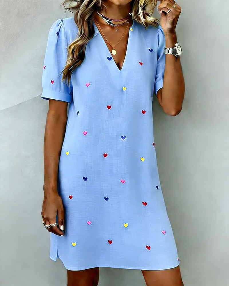 Tivoria™ - Robe femme courte col V imprimé cœurs coton lin manches courtes