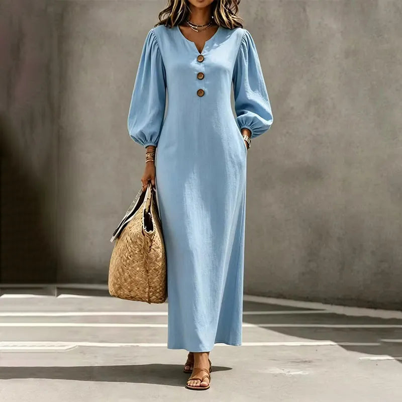 Réjane - Robe maxi femme à col V et manches bouffantes