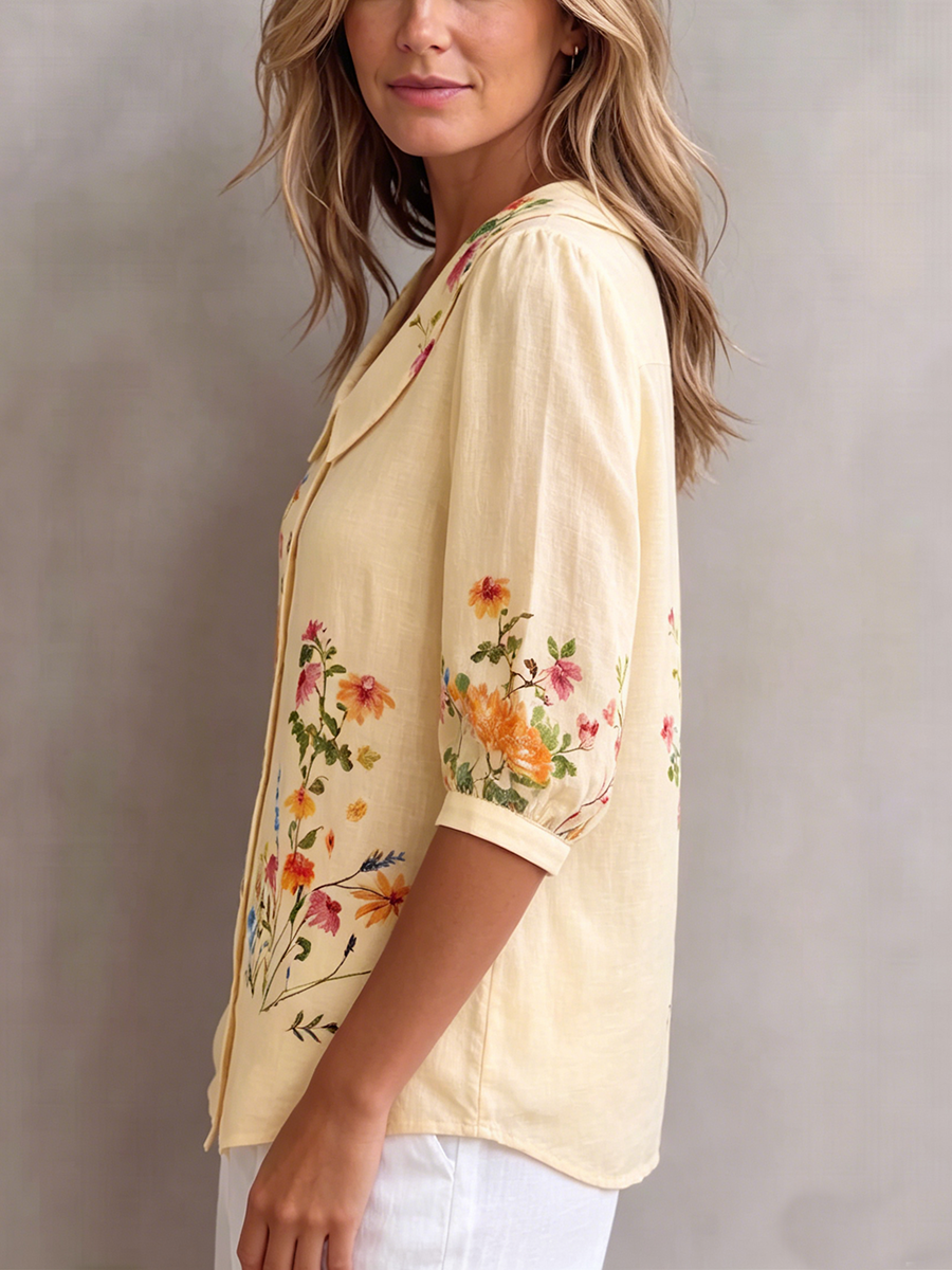 Mavessia™ - Chemise femme coton et lin imprimé floral artistique vintage