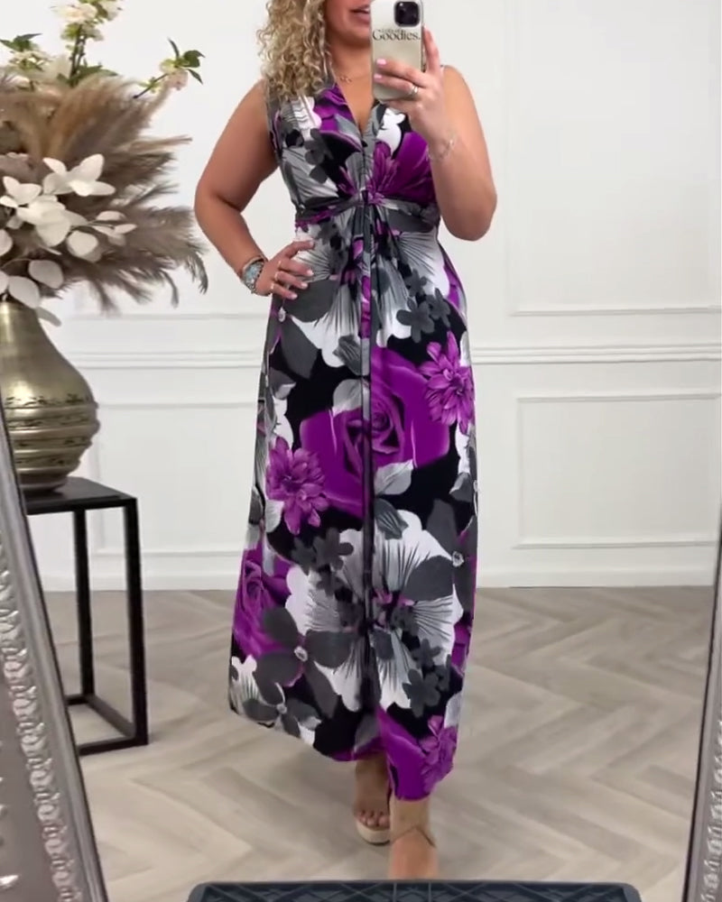 Sacha™ - Robe élégante sans manches à imprimé floral plissé