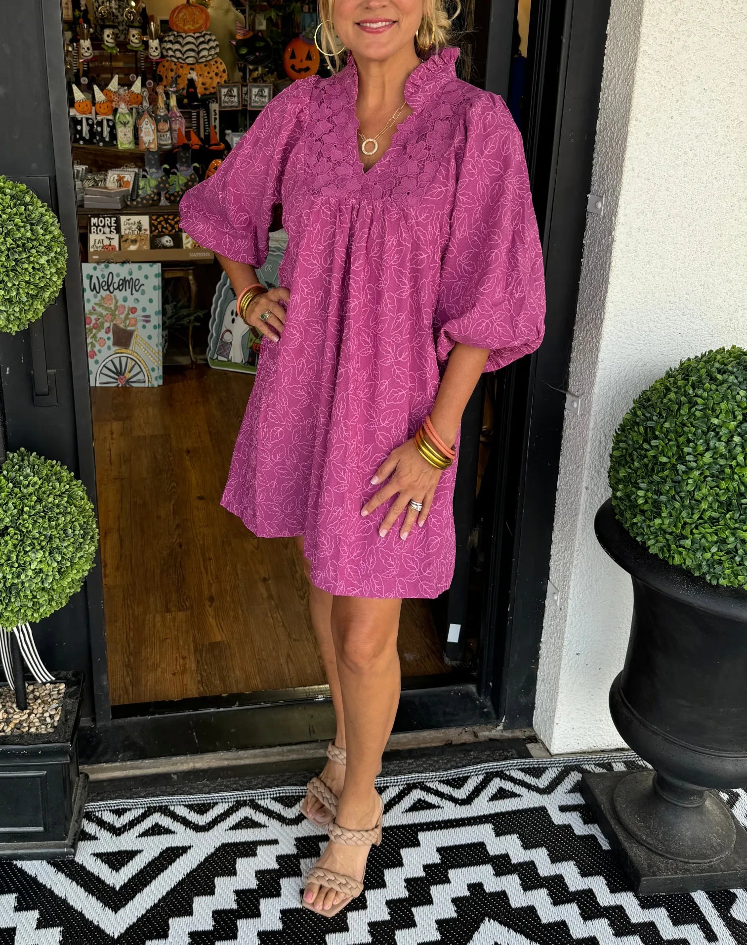 Tesia™ - Robe Courte Jacquard à Manches Bouffantes