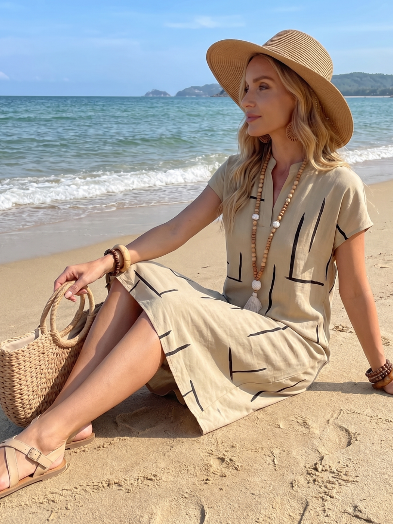 Olivrixa™ - Robe femme mi-longue à imprimé abstrait en coton lin coupe décontractée