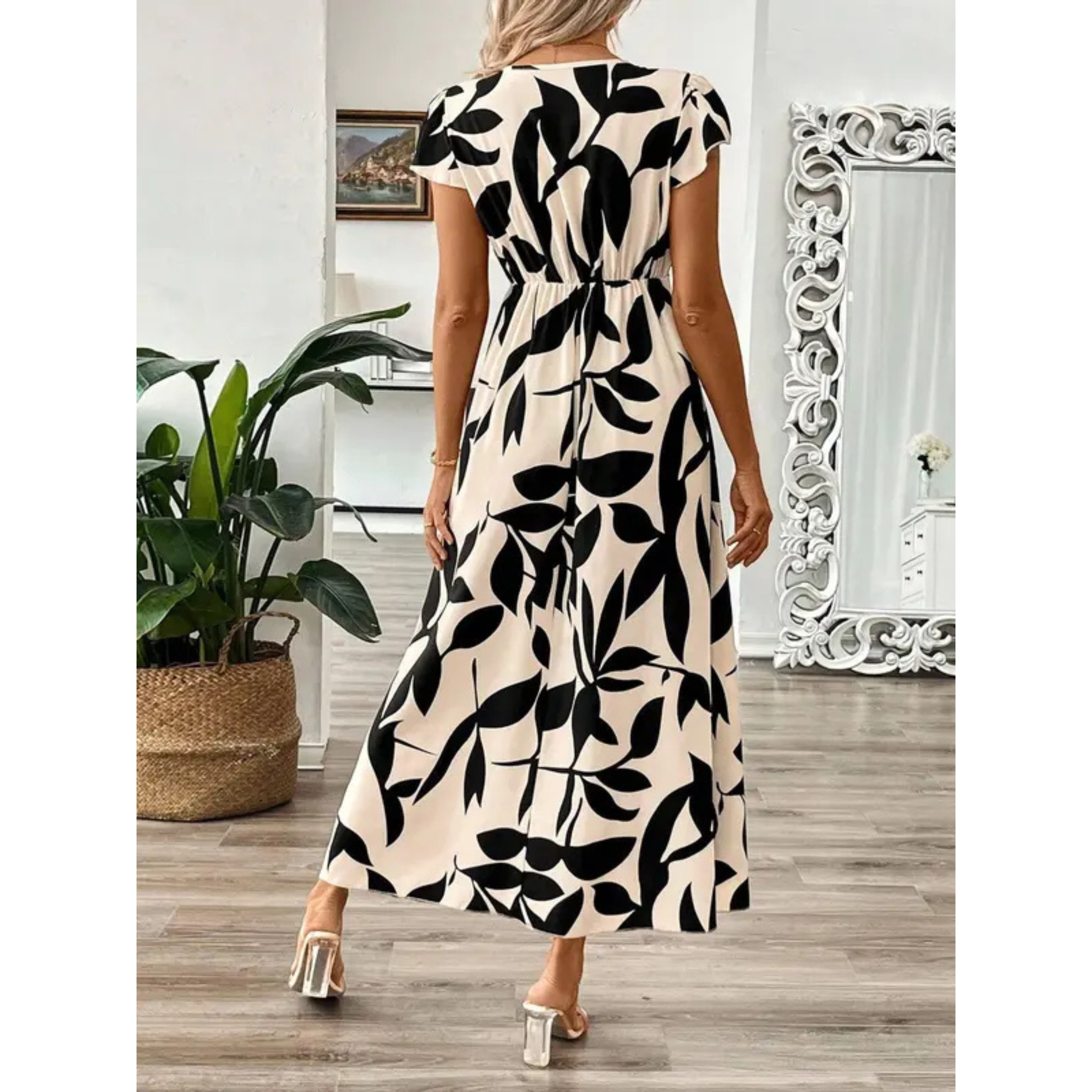 Korevyn™ - Robe maxi femme imprimé floral noir et beige élégante fluide