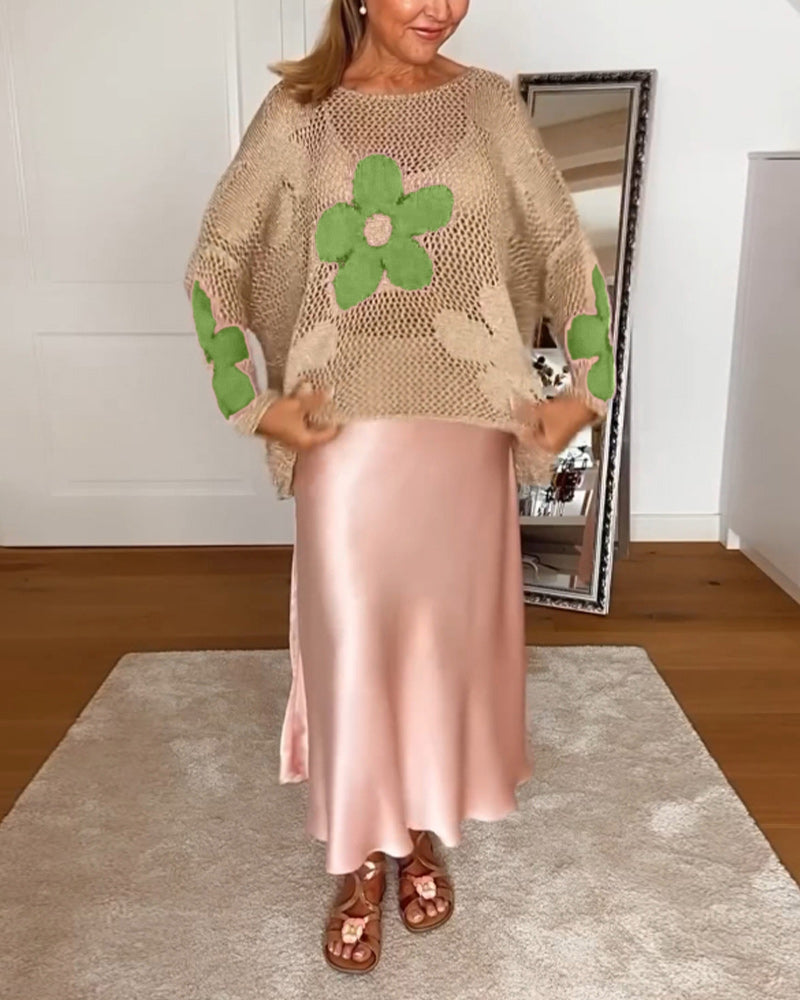 Sasha™ - Pull en maille fleurie à manches longues et ajourées