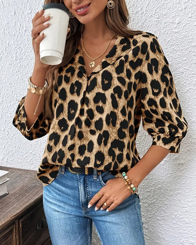Astoria™ - Blouse à Manches Mi-Longues Imprimé Léopard Large