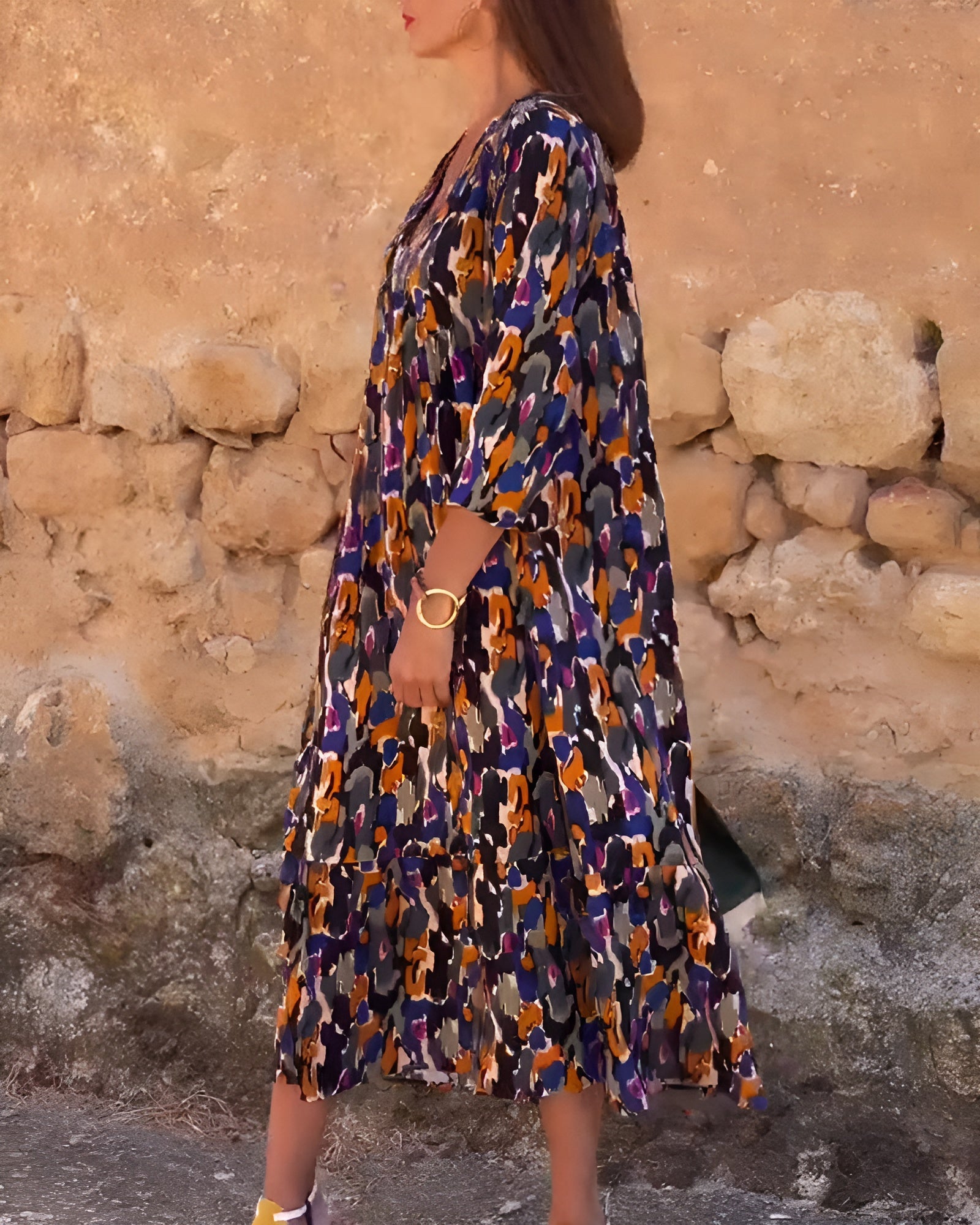 Lorina™ - Robe col V imprimé rétro