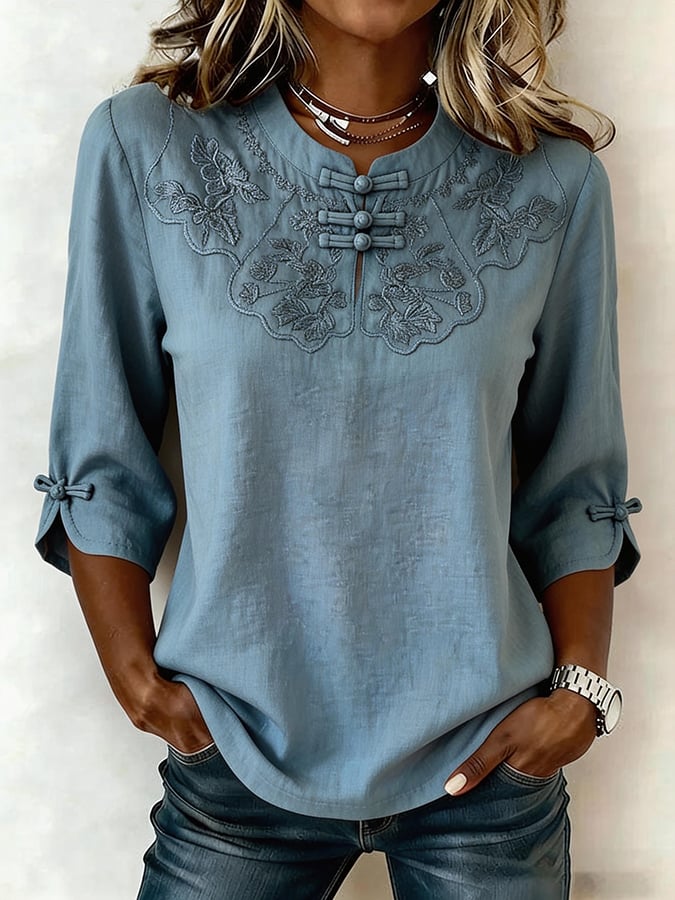 Myrvella™ - Top femme brodé col rond style naturel coton lin