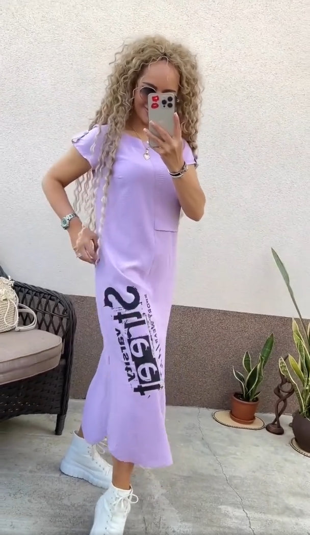 Delara™ - Robe à imprimé lettres avec col rond et fente au niveau des poches