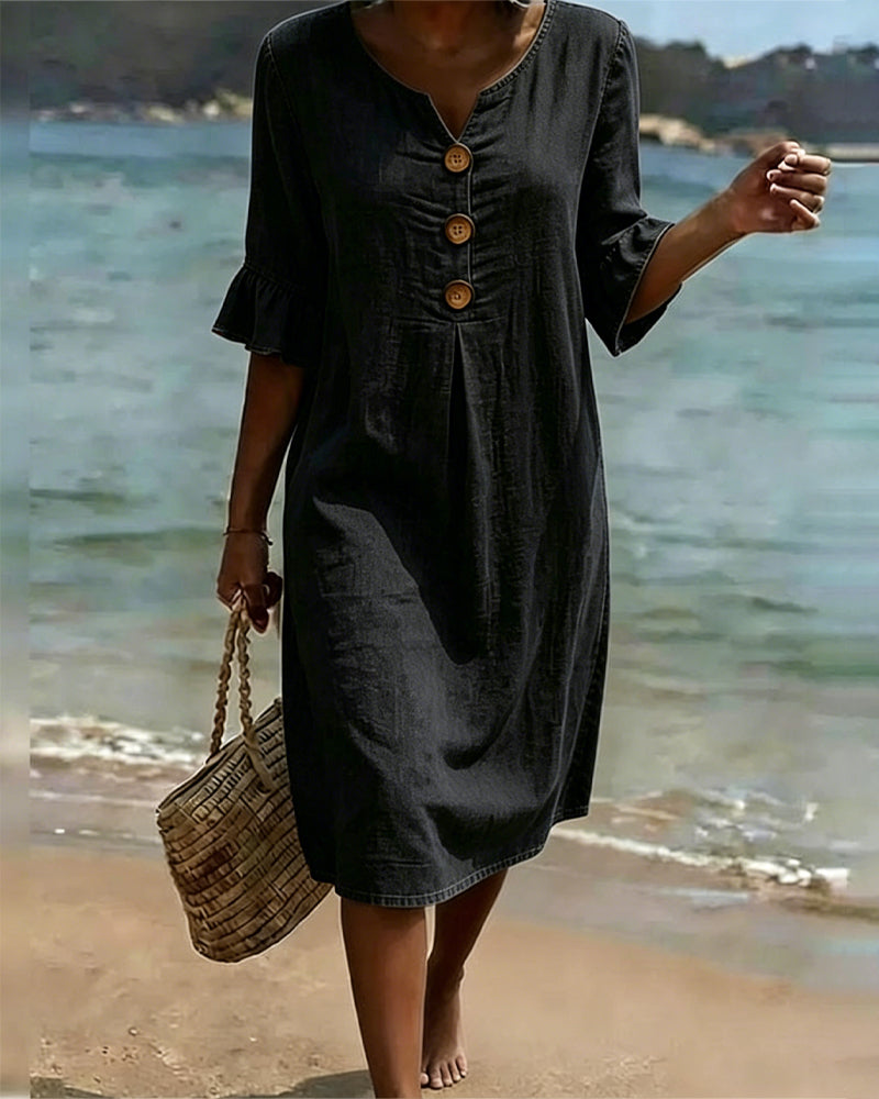 Fynorae™ - Robe femme en jean manches volants coupe fluide été plage