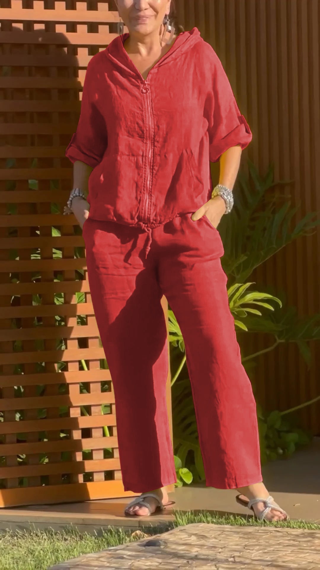 Elyraxa™ - Ensemble femme capuche zip coton lin coupe ample été