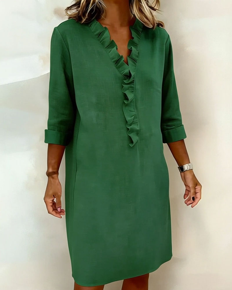 Ophivyn™ - Robe femme col V à volants coupe droite style décontracté