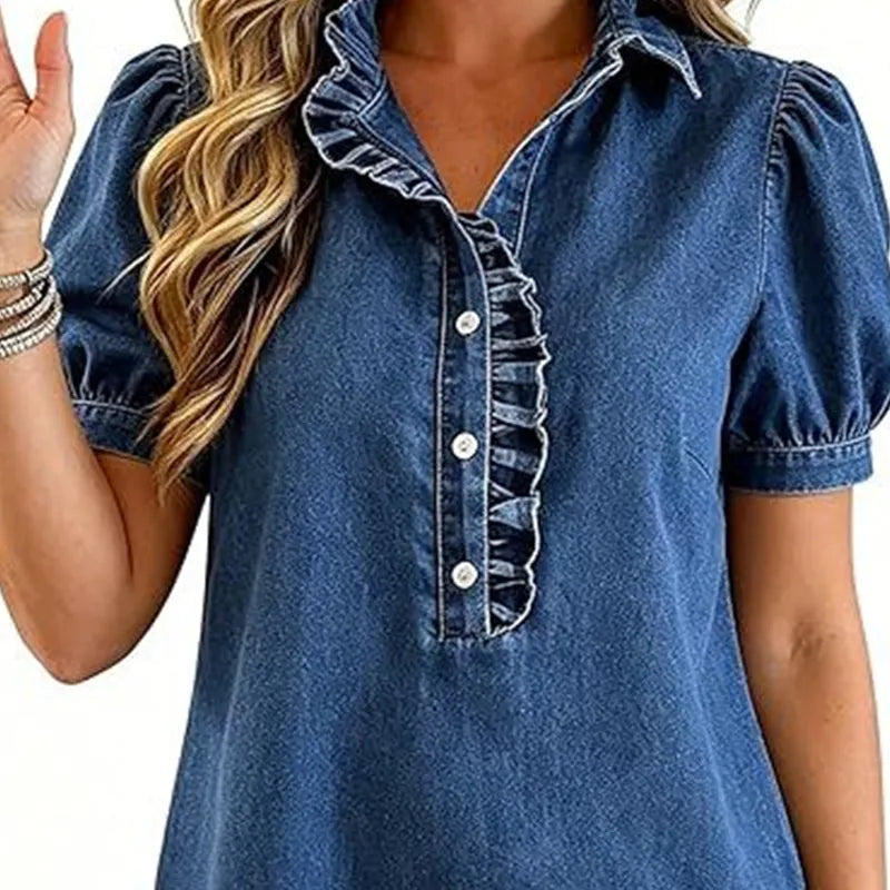 Caelith - Haut femme en denim avec col volanté