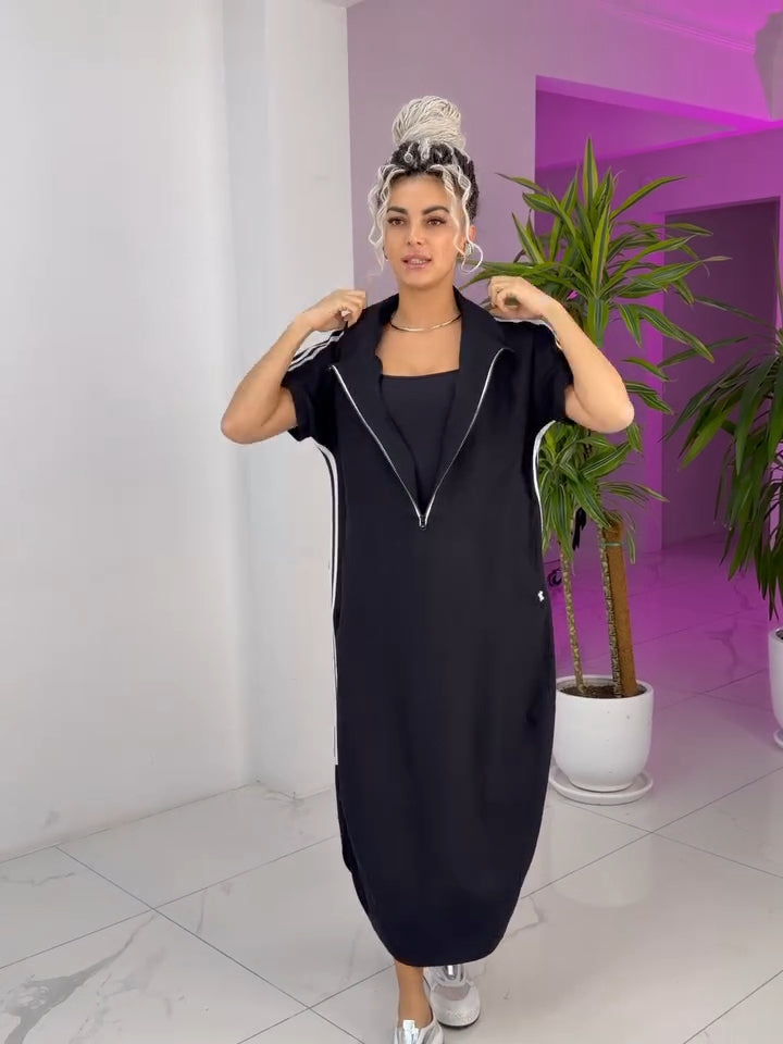 Gavrixa™ - Robe femme longue zippée col montant coupe fluide style sport chic confortable
