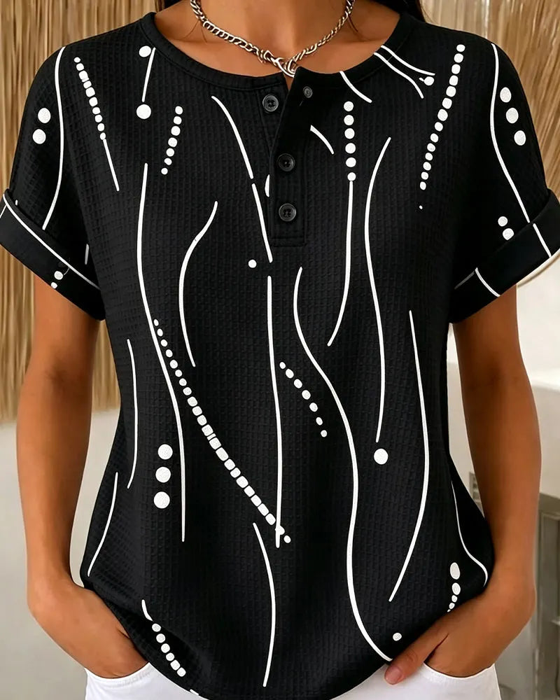 Zelynn - T-shirt femme imprimé à manches courtes avec boutons