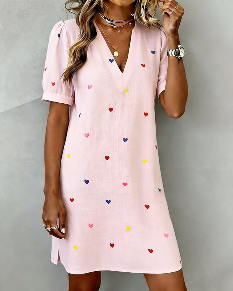 Tivoria™ - Robe femme courte col V imprimé cœurs coton lin manches courtes