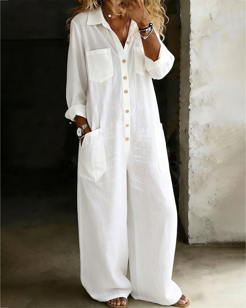 Ovyra™ - Combinaison femme blanche ample coton léger été élégant