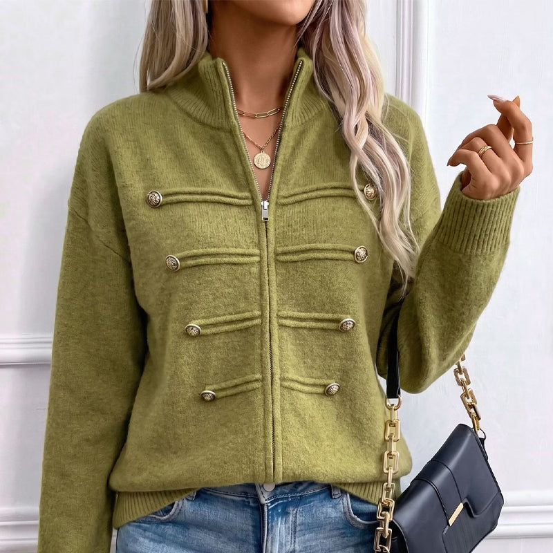 Teuntje - Gilet en maille femme à col montant zippé et boutons décoratifs