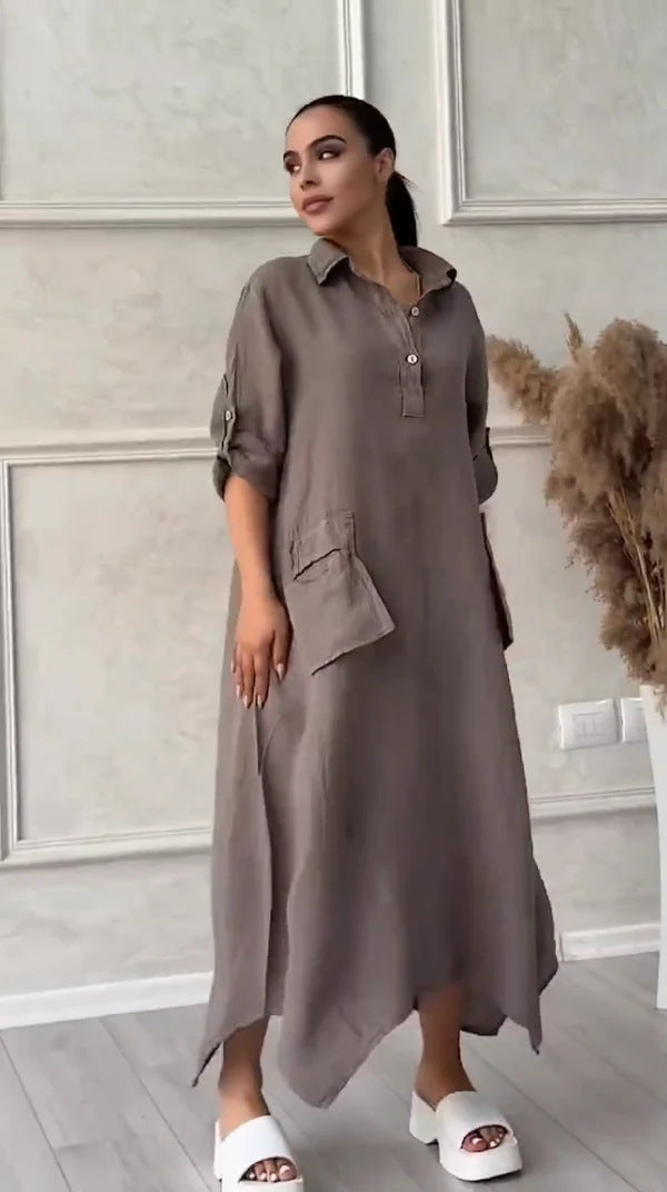 Leontine™ - Robe maxi femme en lin et coton avec revers