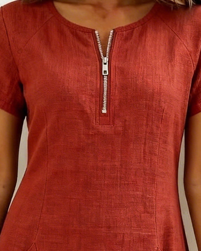 Kovira™ - Robe Courte Coton Lin avec Fermeture Éclair et Poches