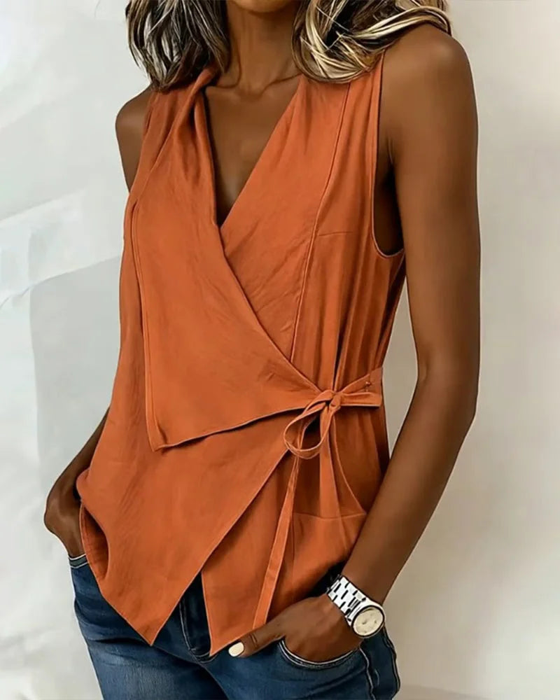 Sylethra™ - Top femme cache-cœur asymétrique sans manches été léger