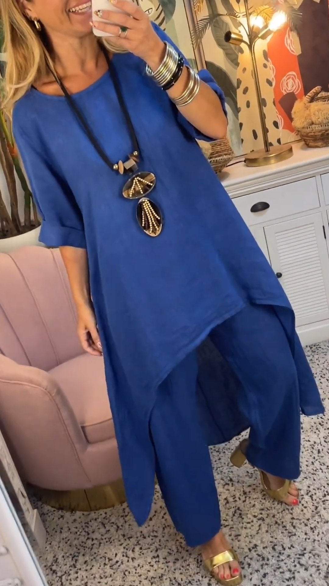 Melantha™ - Ensemble Deux Pièces Coton et Lin à Décolleté Rond Manches Longues