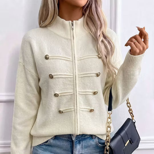 Teuntje - Gilet en maille femme à col montant zippé et boutons décoratifs