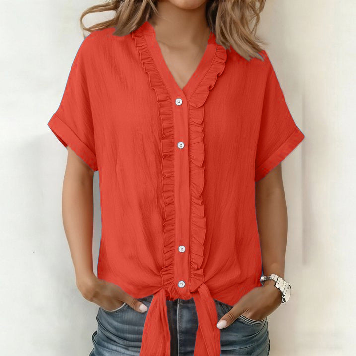 Kalyxa™ - Chemise femme coton col V manches courtes nouée été