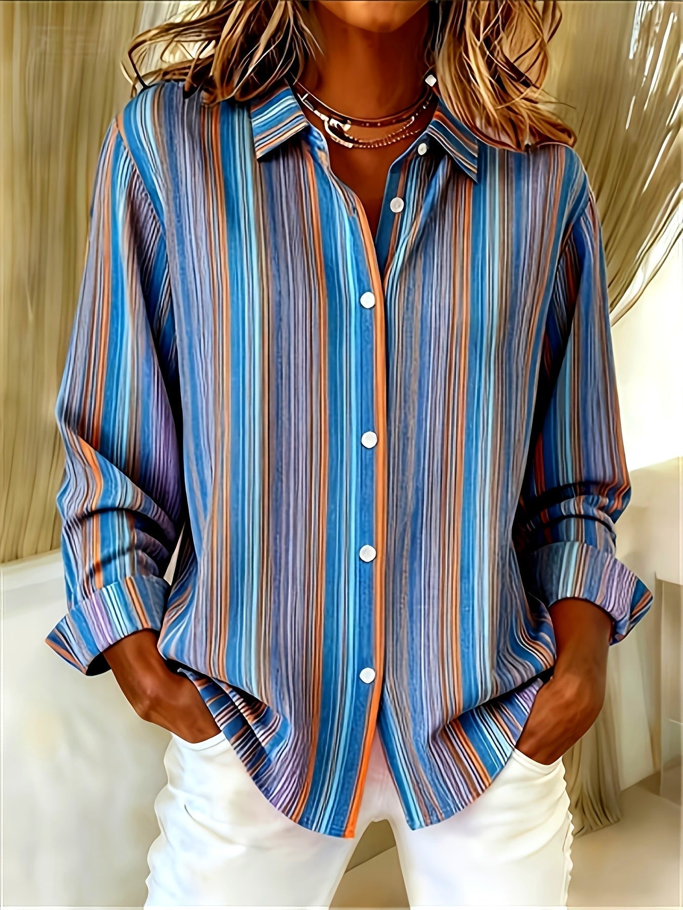 Qirexa™ - Chemise Femme Rayures Verticales Coupe Ample Boutonnée Style Décontracté
