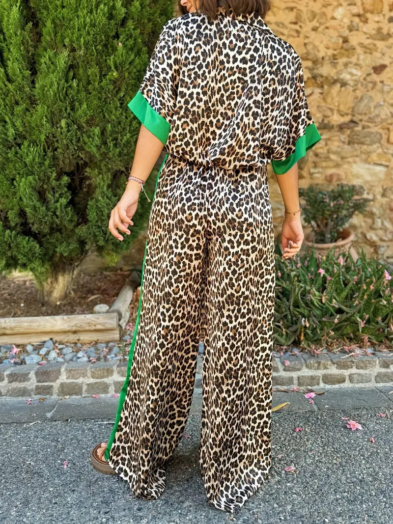 Cyra™ - Ensemble Imprimé Léopard avec Pantalon à Jambes Larges