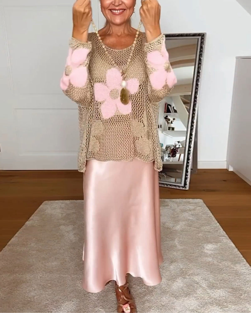 Sasha™ - Pull en maille fleurie à manches longues et ajourées