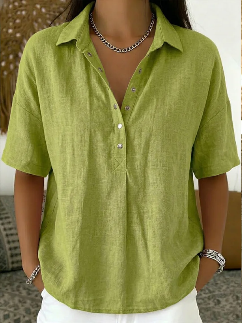 Karina™ - Blouse Femme Col Classique Décolleté V Boutons Manches Courtes Confort