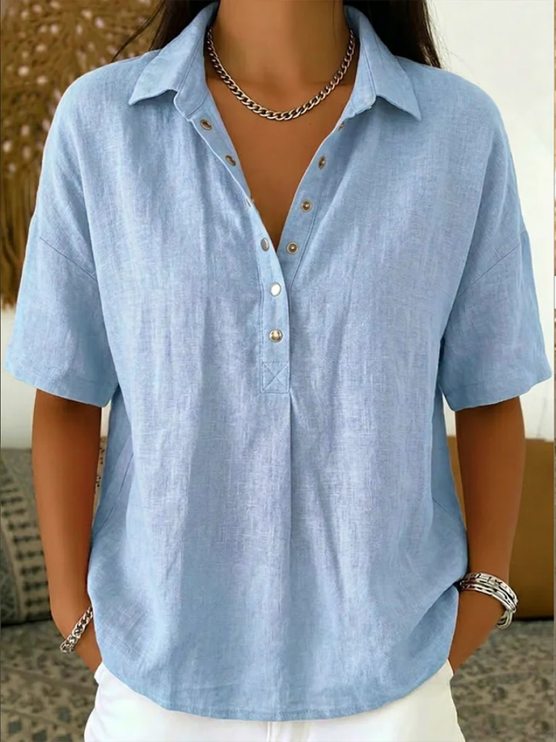 Karina™ - Blouse Femme Col Classique Décolleté V Boutons Manches Courtes Confort