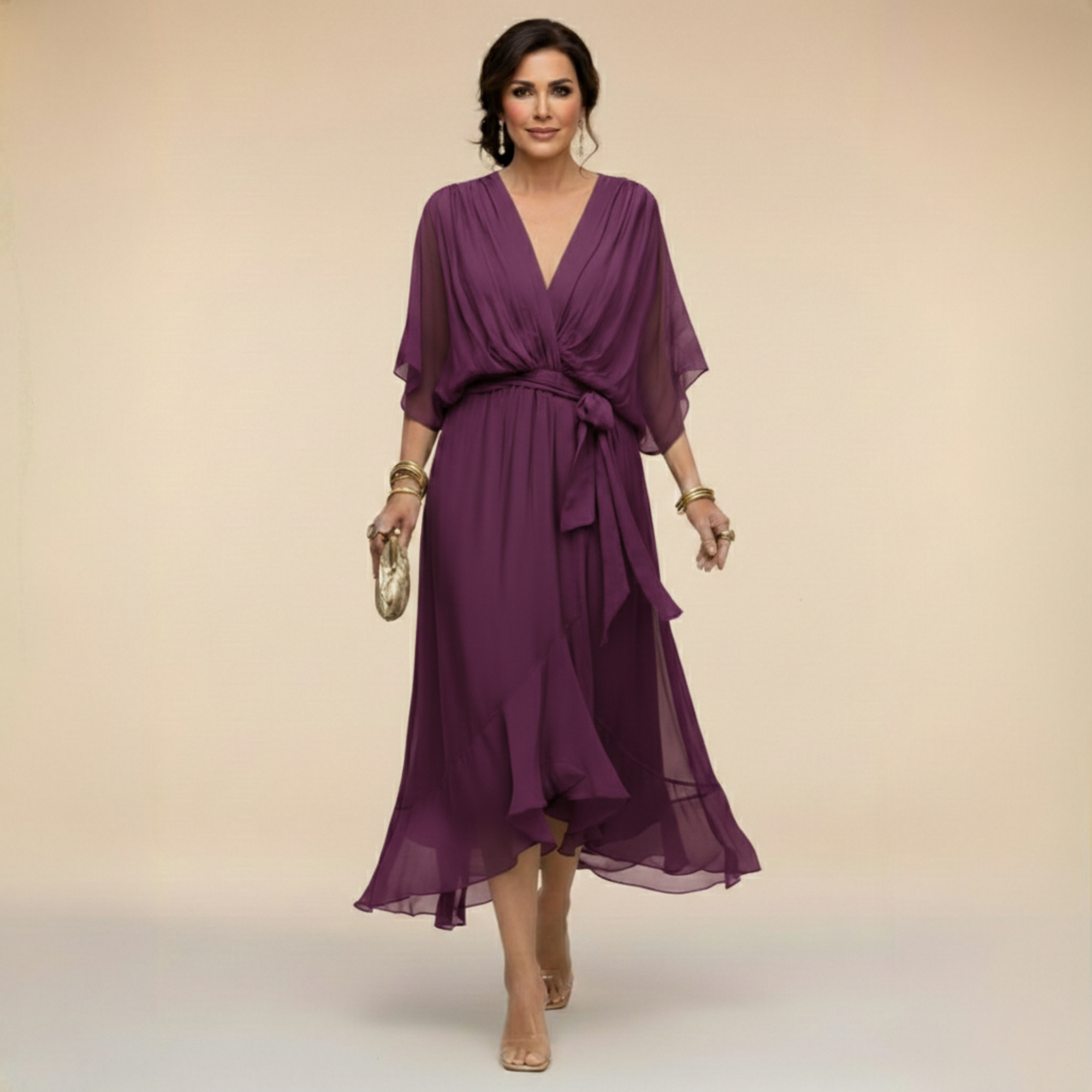 Lazira™ - Robe femme midi fluide col V manches amples ceinture élégante