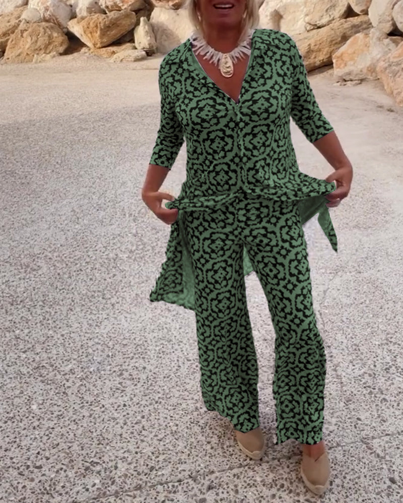 Livia™ - Ensemble Vintage Imprimé avec Revers et Boutons