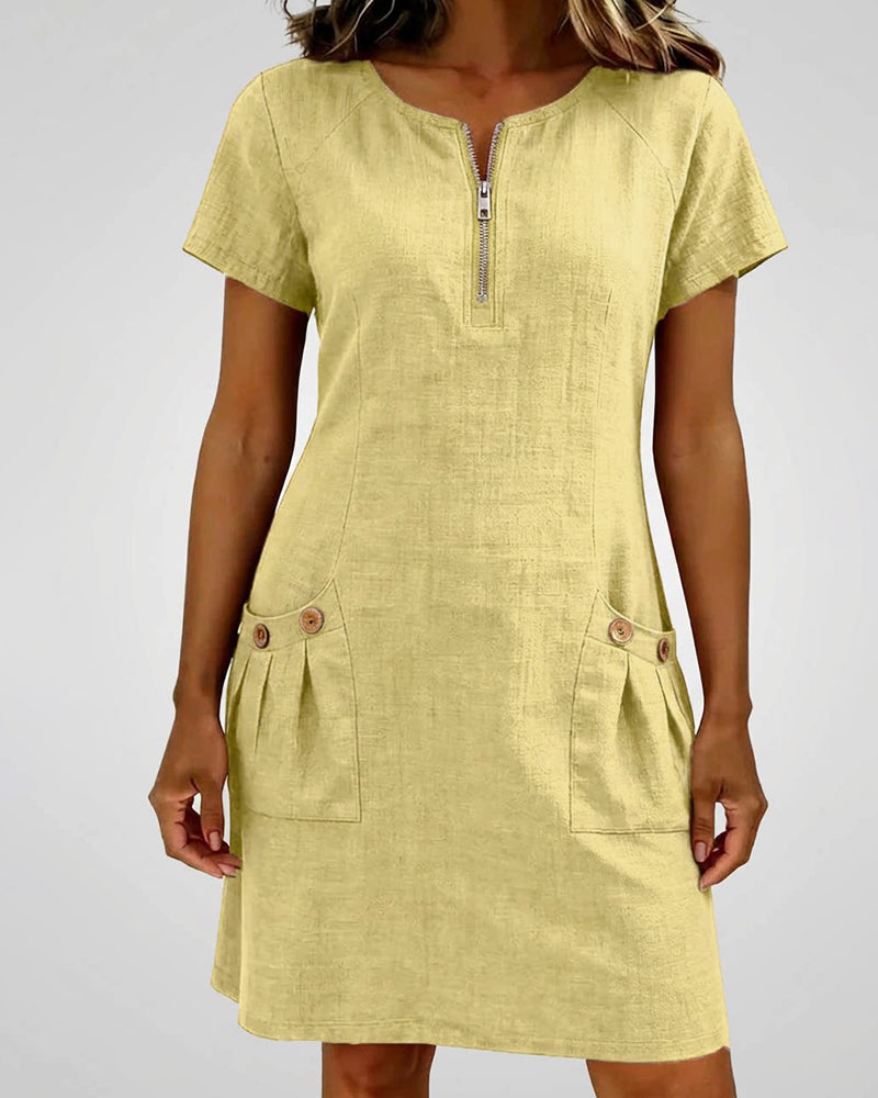 Kovira™ - Robe Courte Coton Lin avec Fermeture Éclair et Poches