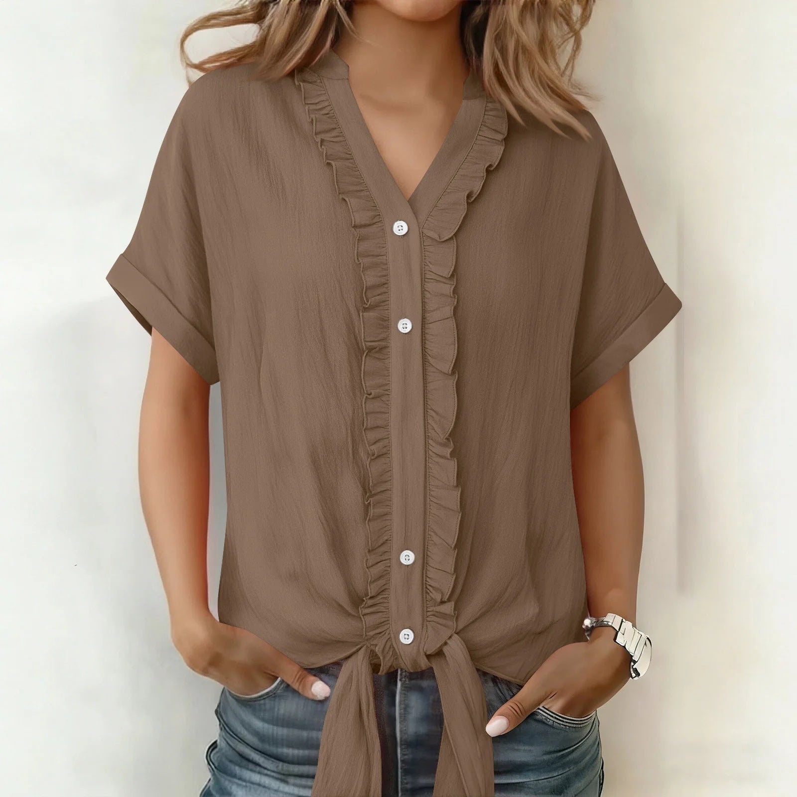 Kalyxa™ - Chemise femme coton col V manches courtes nouée été