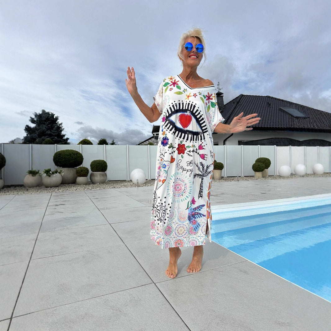 Cerelina™ - Robe d'été pour femme à manches courtes et décolleté en V, avec imprimé