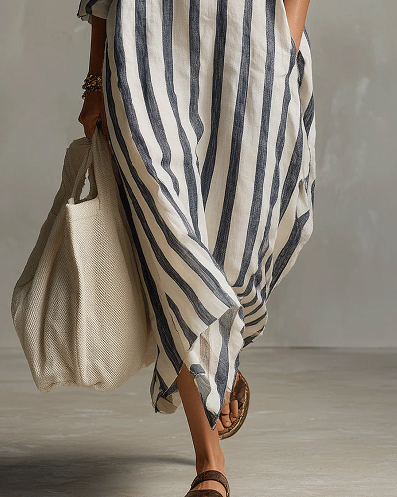 Avenira™ - Robe Maxi Rayée À Col Revers Décontracté Chic