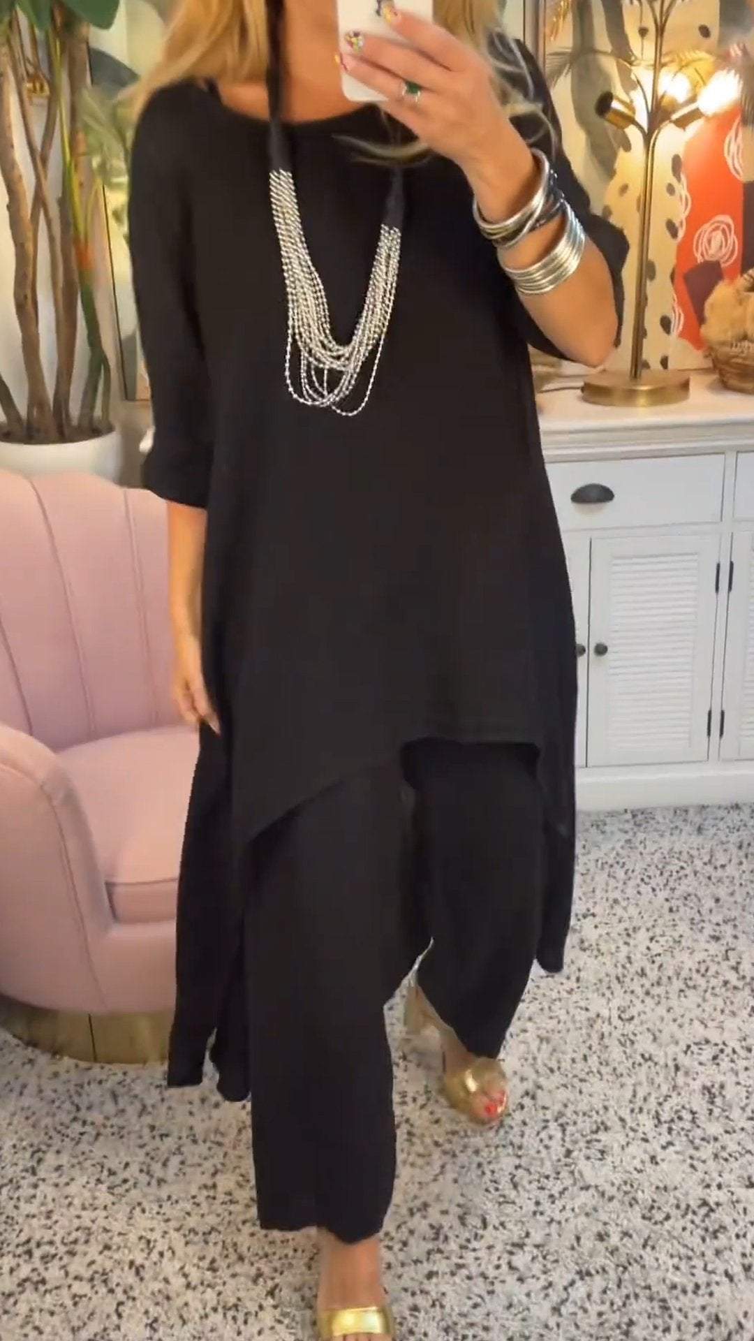 Melantha™ - Ensemble Deux Pièces Coton et Lin à Décolleté Rond Manches Longues